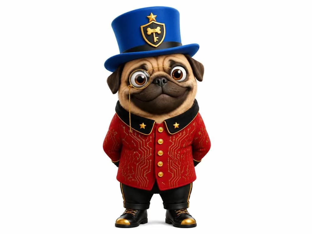 Input image: a pug in a blue top hat and a red jacket