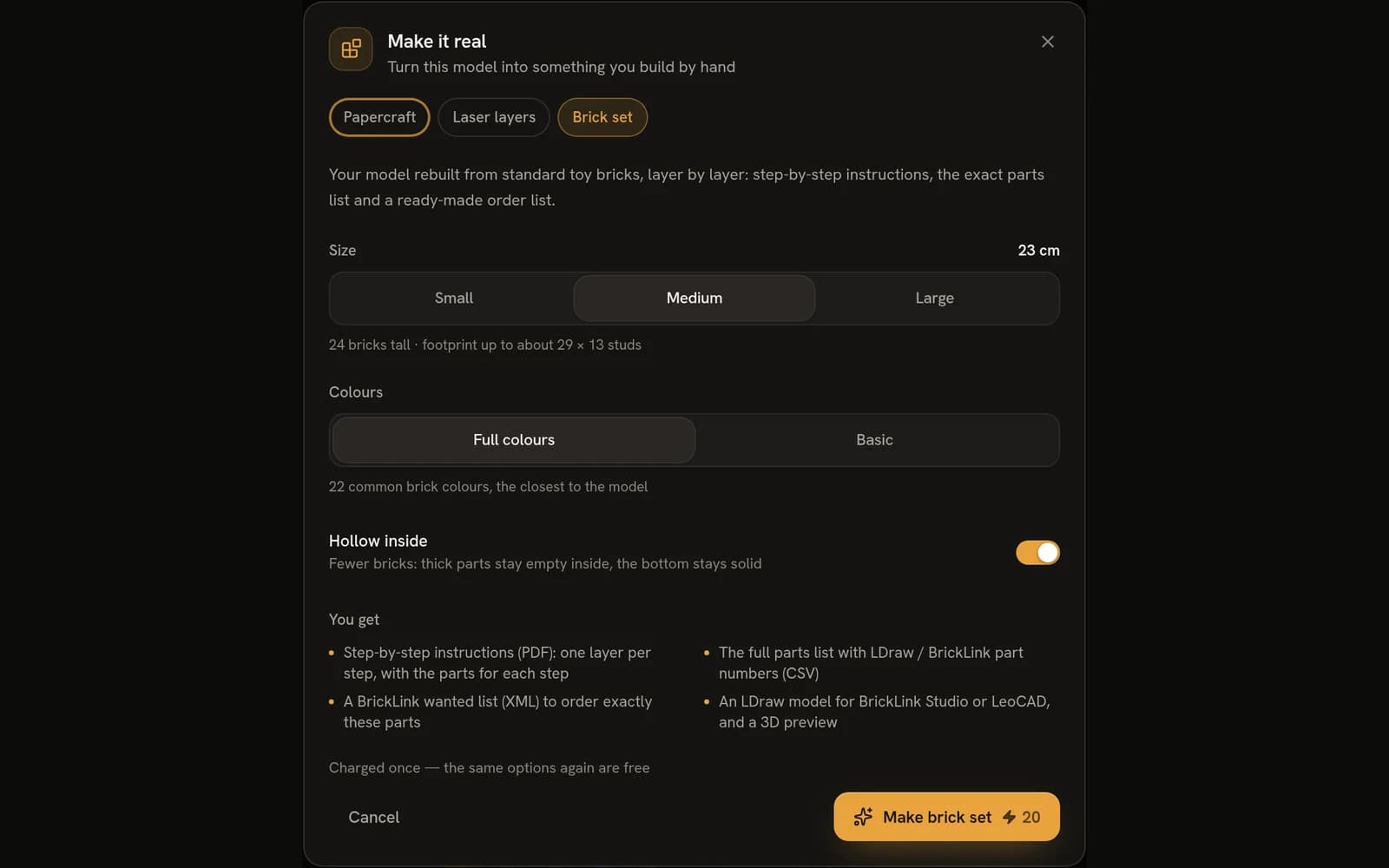 The Make it real dialog with the brick set settings