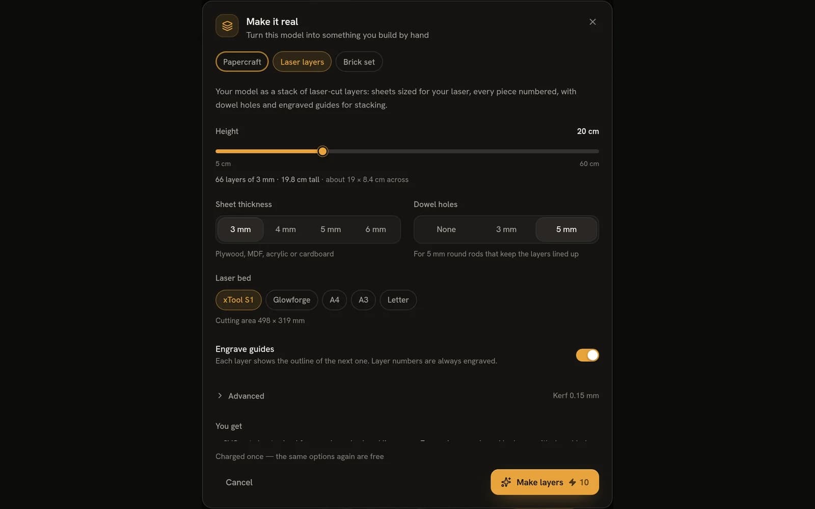 The Make it real dialog with the laser layers settings