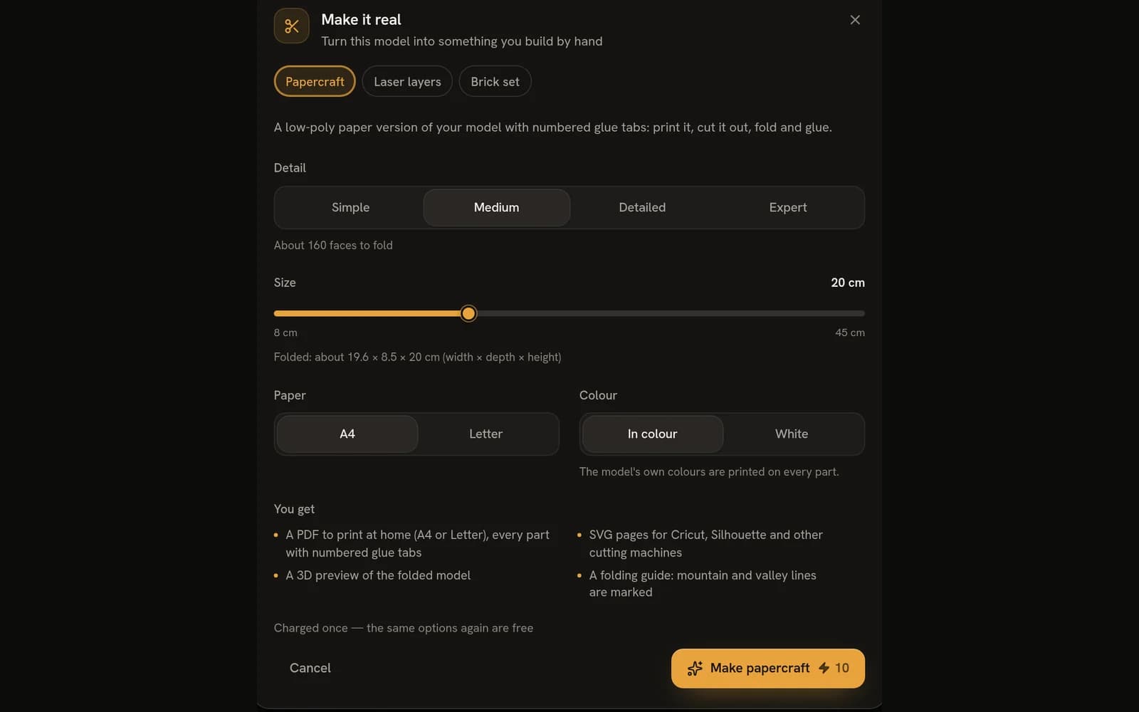 The Make it real dialog with the papercraft settings