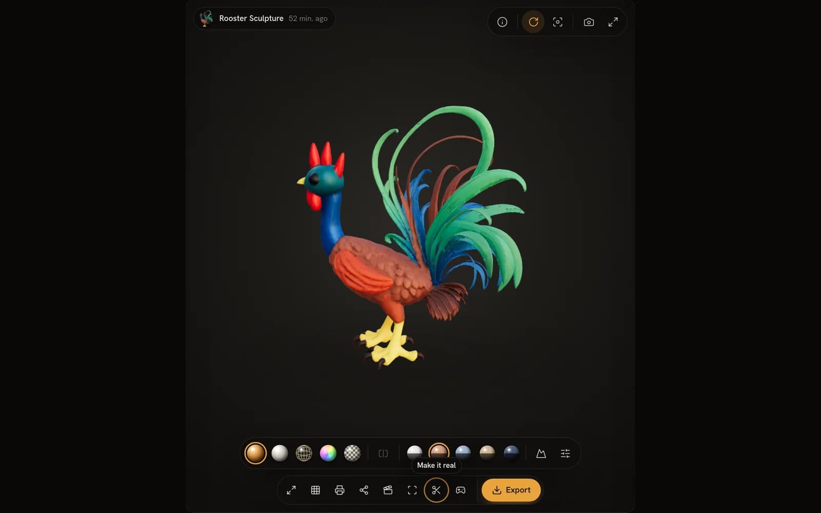 A 3D model on the Wandy3D workspace stage, with Make it real among its actions