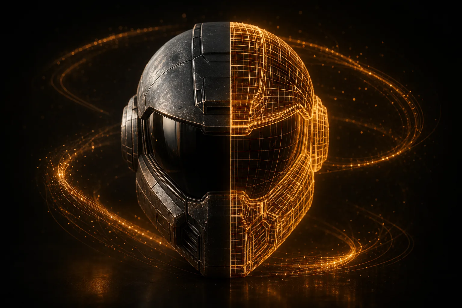 A sci-fi helmet with light particles swirling around it
