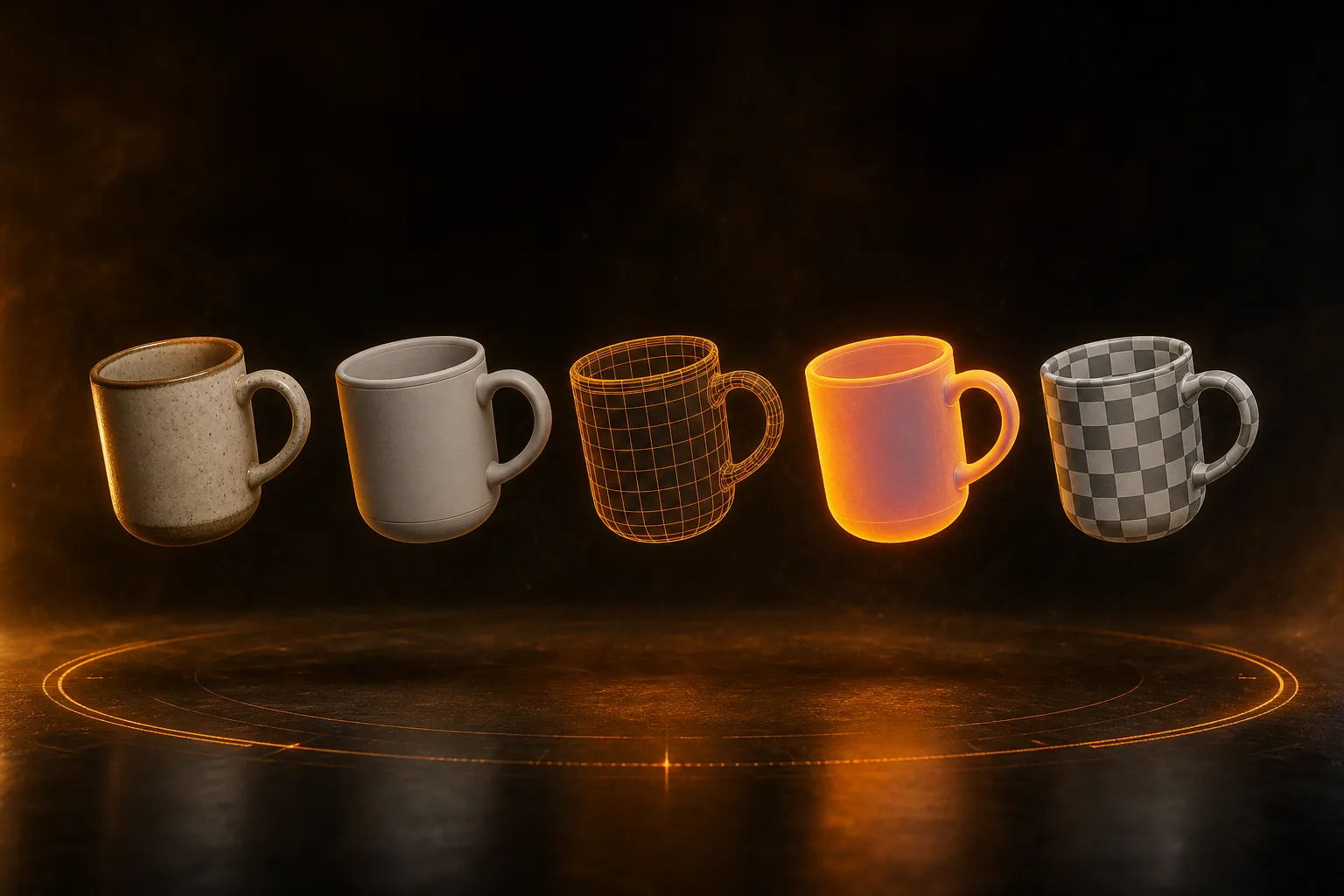 The same mug shown textured, as clay, as wireframe, with normals and with a UV checker