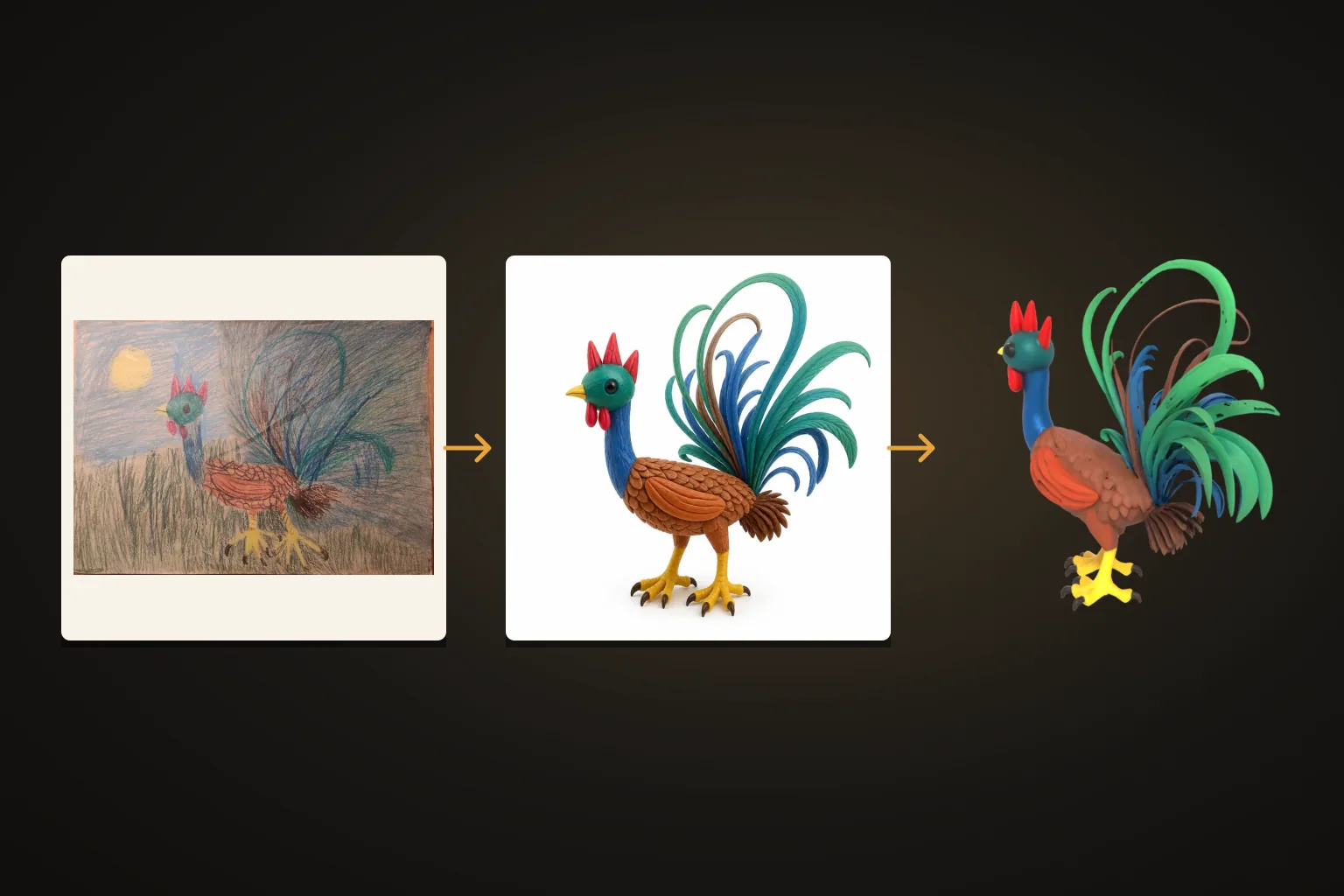 The drawing, the clean picture made from it, and the finished 3D model of the rooster