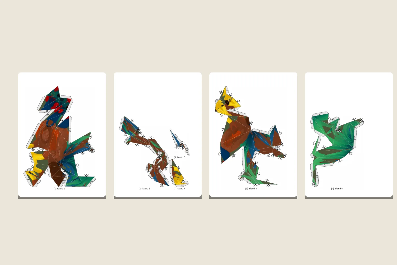 Four pages of the rooster papercraft template with numbered parts and glue tabs