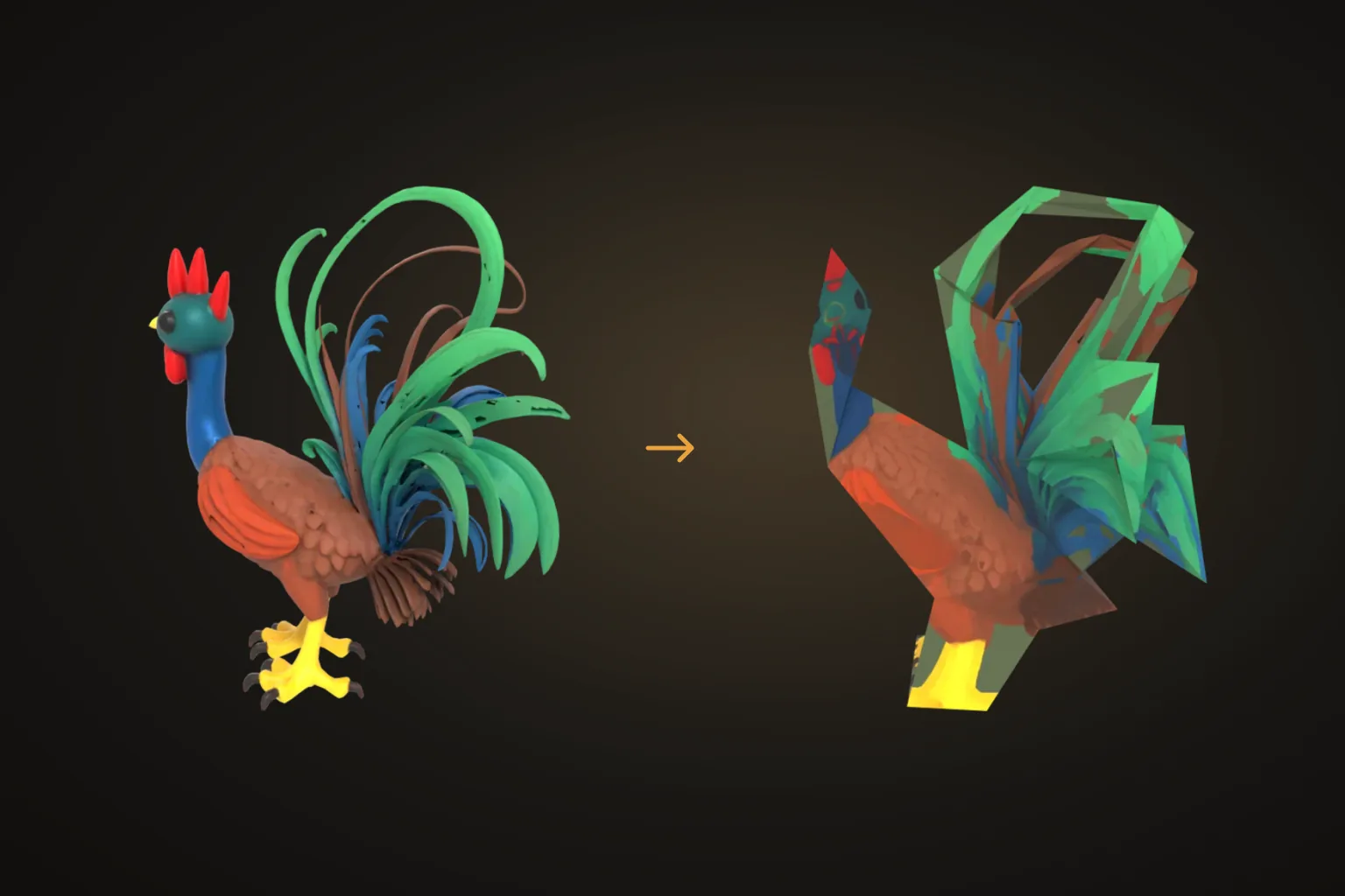 The 3D model of the rooster next to its folded low-poly paper version