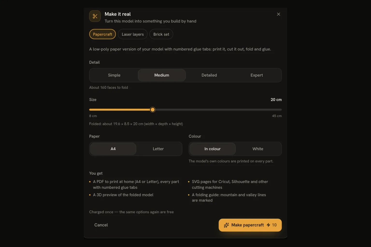 The Make it real dialog with the papercraft settings: detail, size, paper and colour