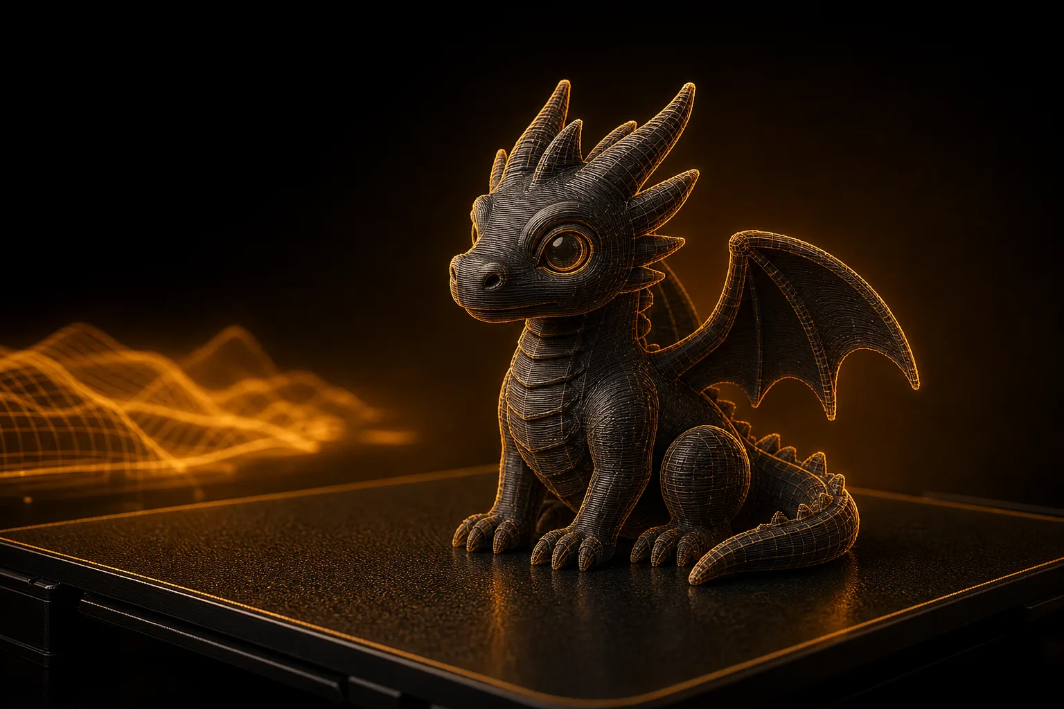 A small dragon figurine on a 3D printer build plate