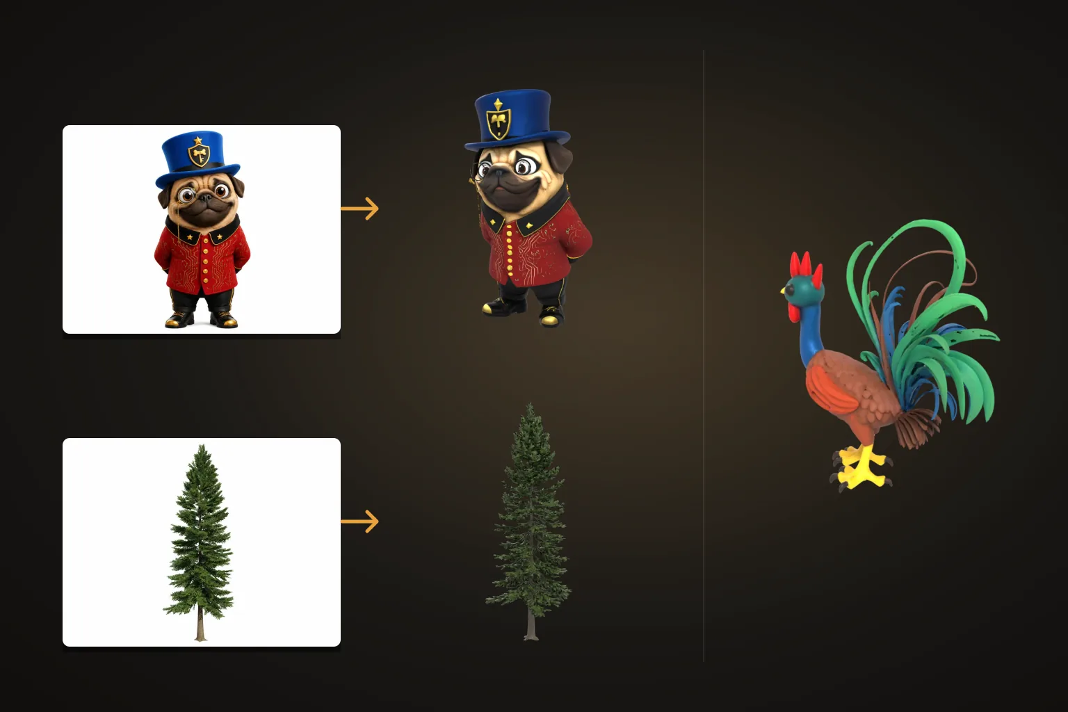 Two photos and the 3D models made from them — a pug in a top hat and a fir tree — next to the rooster model
