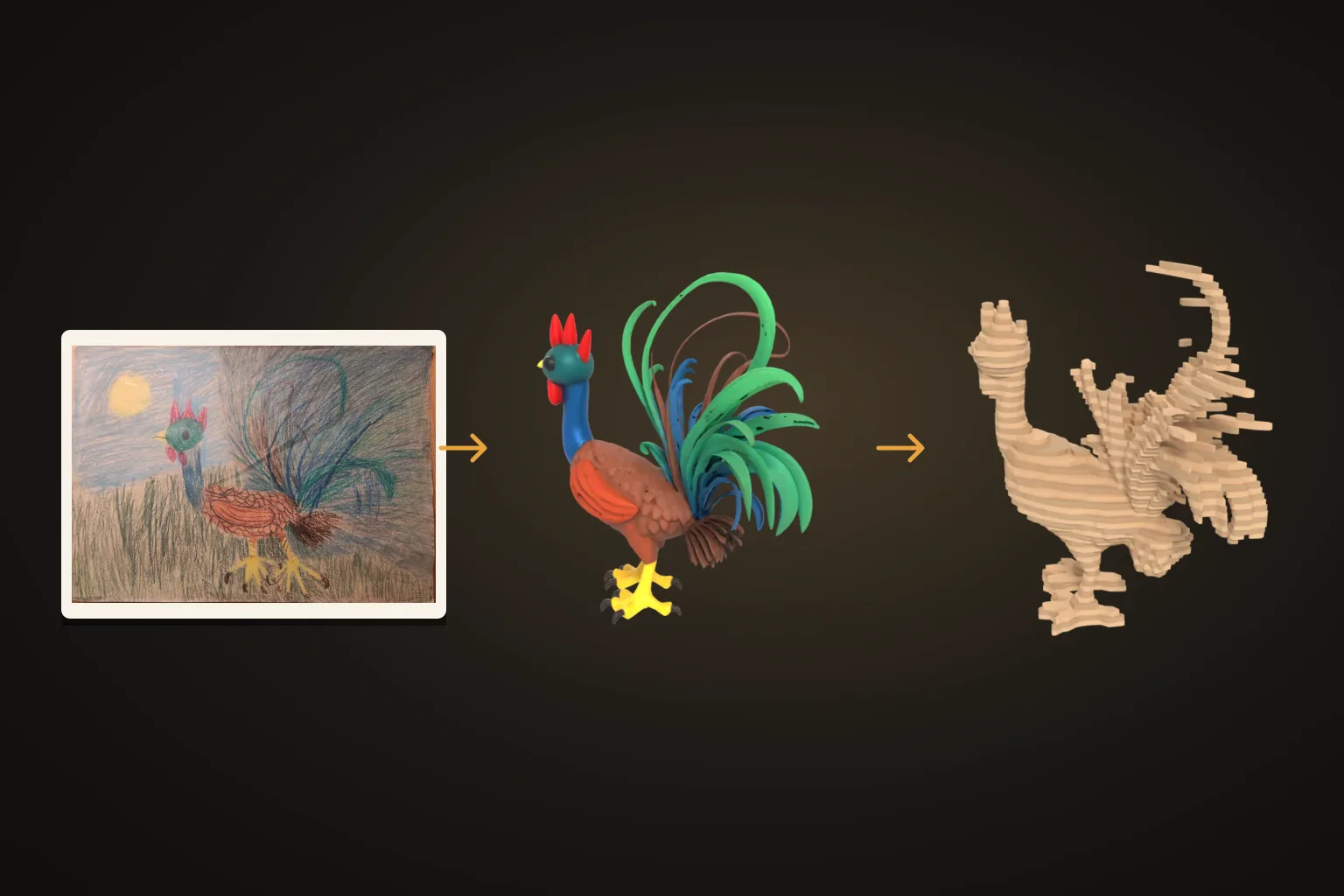 The child's drawing, the 3D model made from it and the stack of laser-cut layers