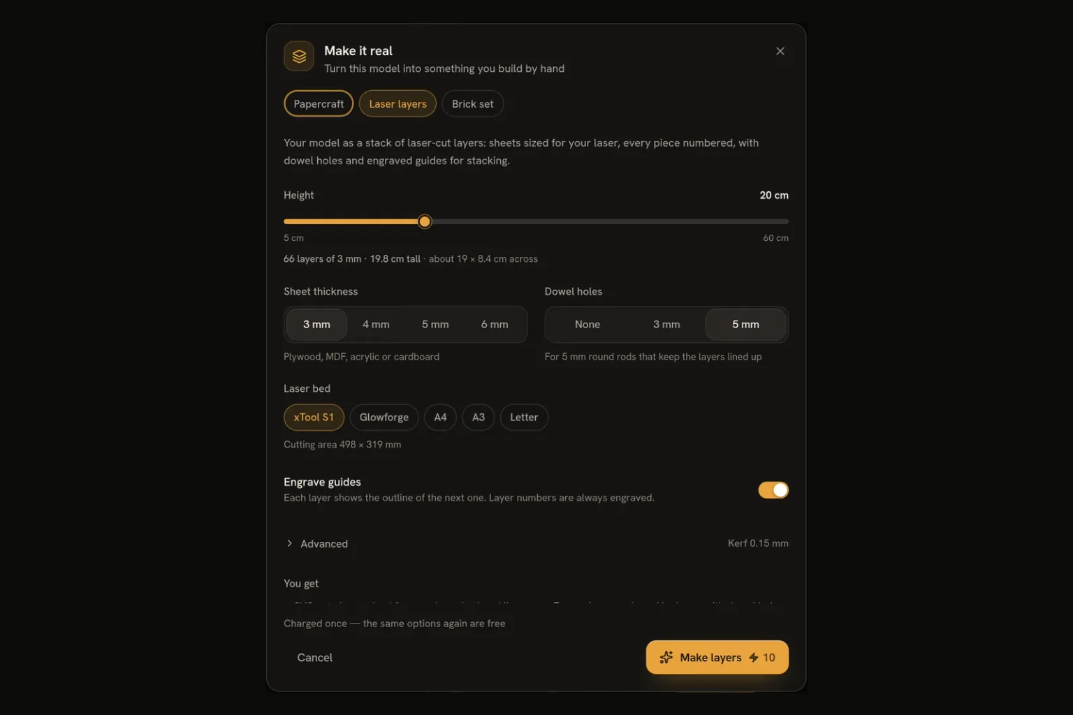 The Make it real dialog with the laser layers settings: height, sheet thickness, dowel holes and laser bed