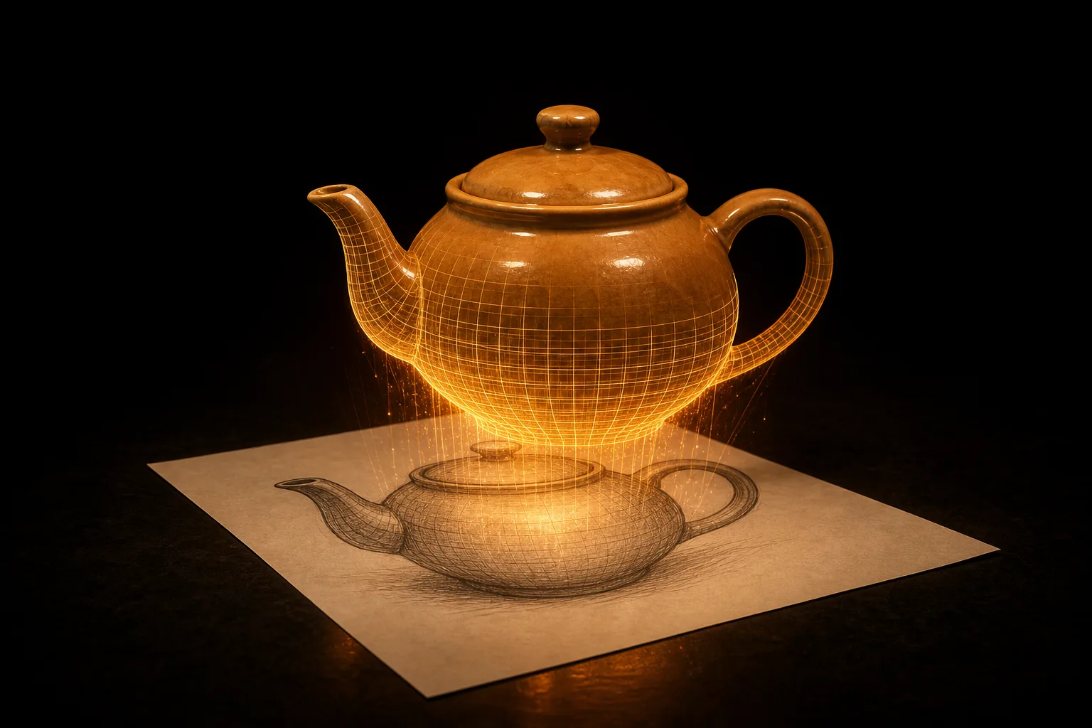 A pencil sketch of a teapot rising into a 3D model