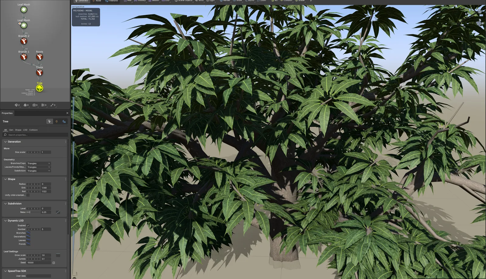 SpeedTreeで作るインド産マンゴーの木、葉と樹皮の素材つき