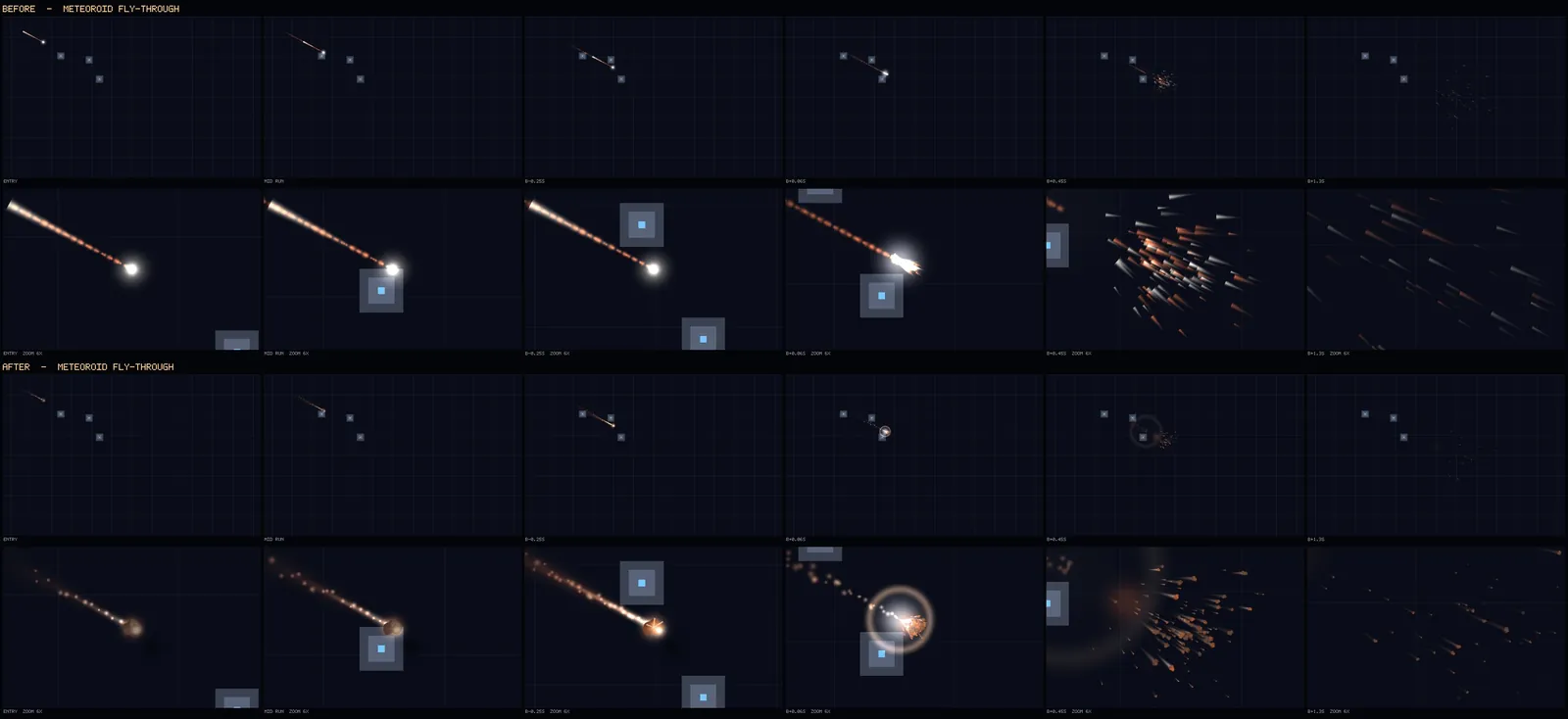 Three.js宇宙ゲームの隕石分裂VFXを強化するビフォーアフター